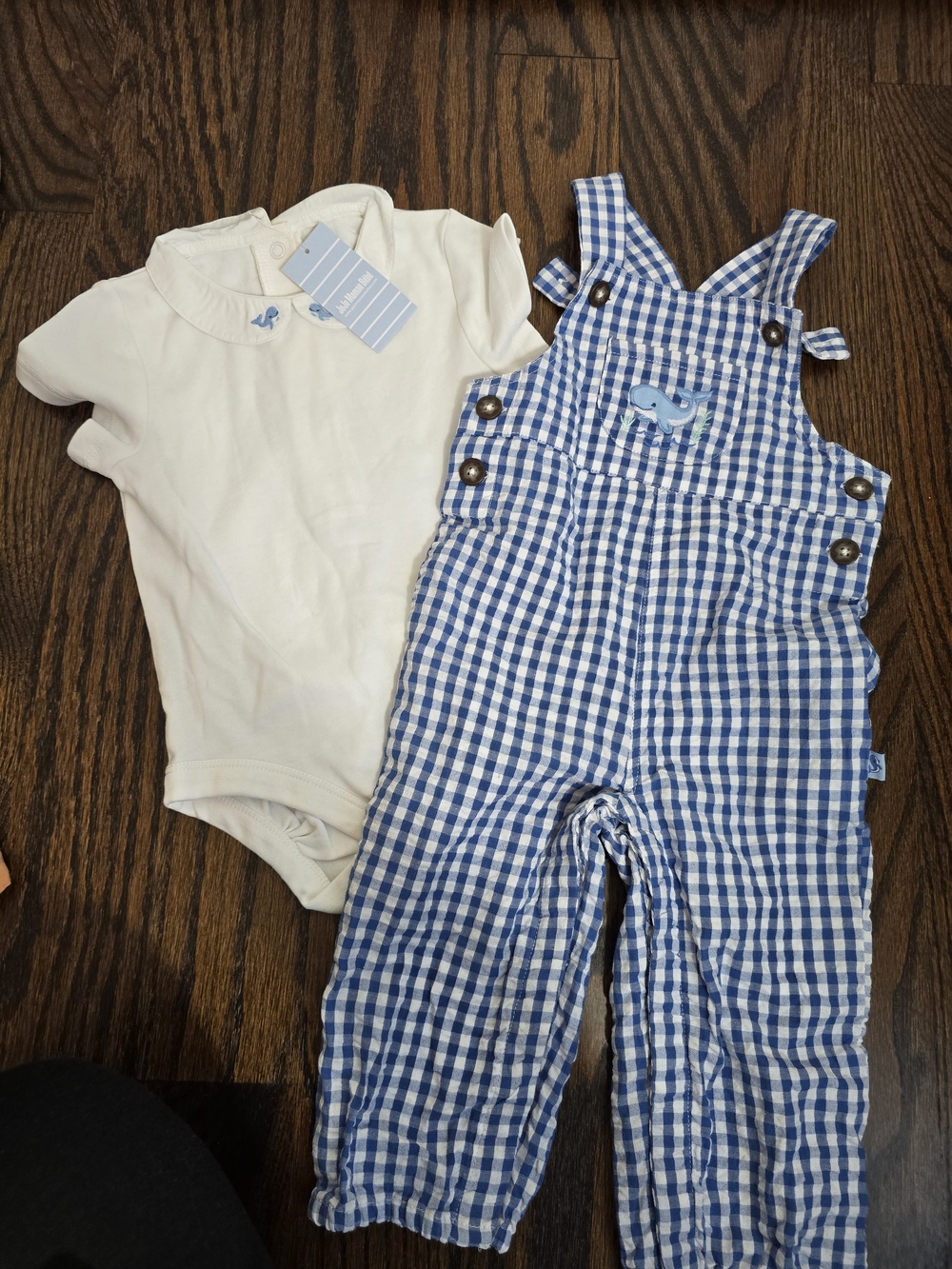 Jojomaman Bebe Blue Gingham Overalls with Cream Bodysuit Whalez